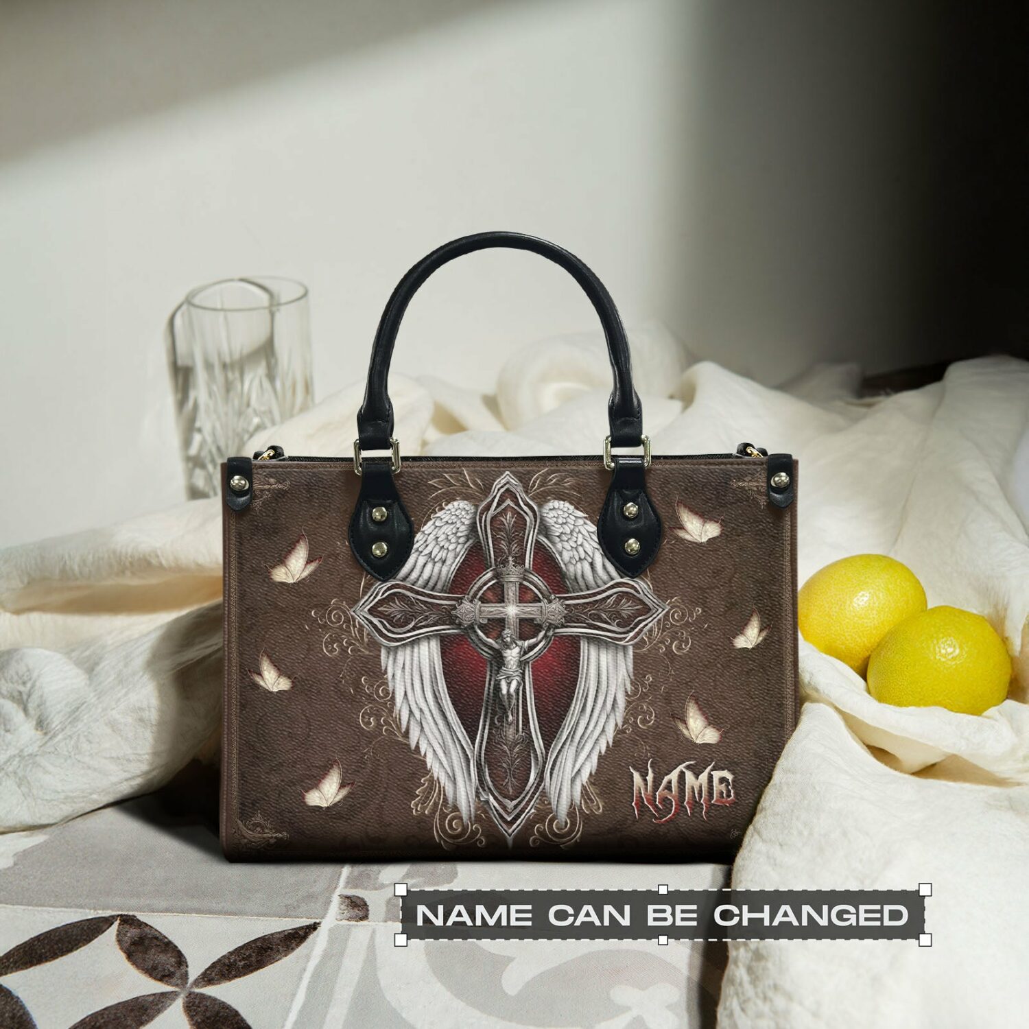 Jesus In Cross With Wings Leather Handbag - Yhln0503254