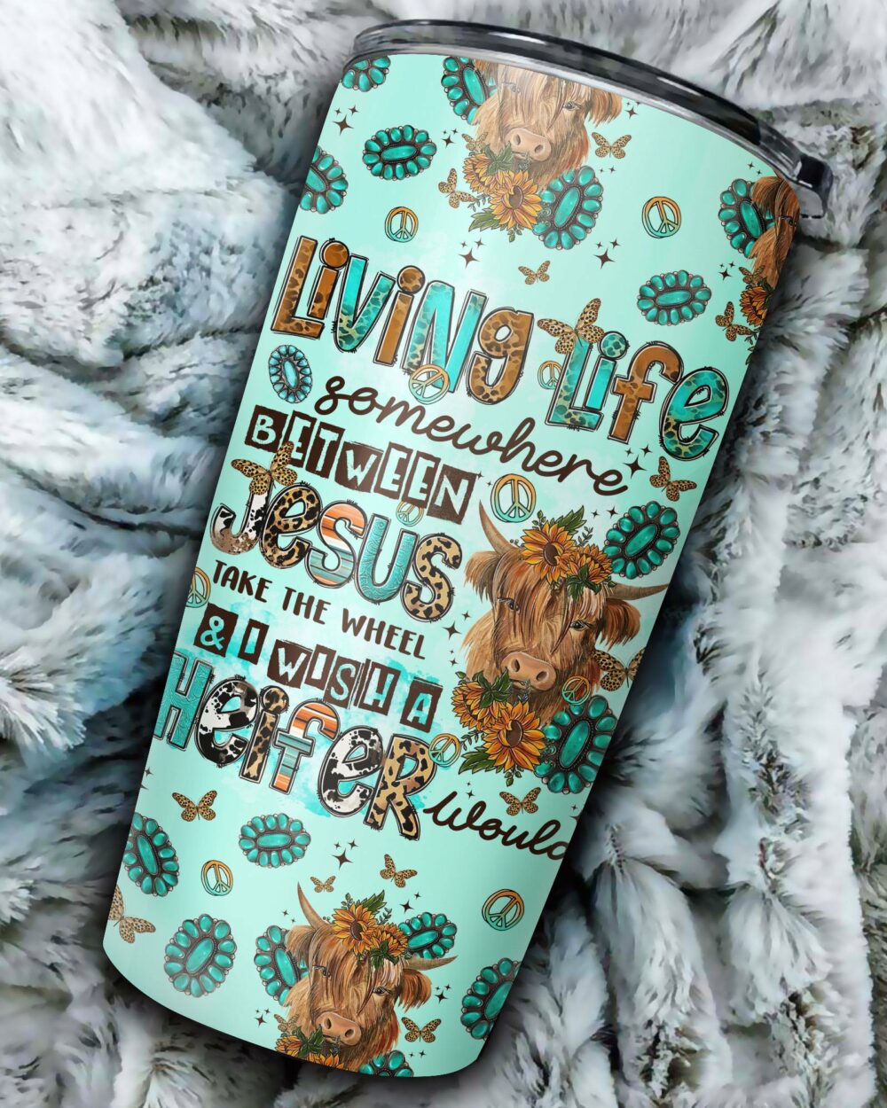 Living Life Somewhere Between Jesus Cow Tumbler - Tltr1309237 - Image 3